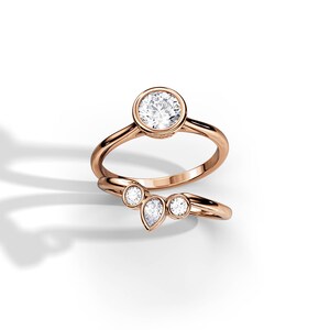 1 CT Natural Diamond Bezel Set Engagement Ring Set / Art Deco Bridal Set / Rose Gold Crown Ring / 1 Carat Diamond Ring / Crown Bridal Set