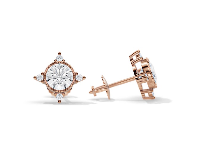 1 Carat Total Lab Grown Diamond Pair of Earrings / Snowflake Stud Earrings 5MM Round Diamond / 14K Rose Gold Art Deco Screw Back Earrings