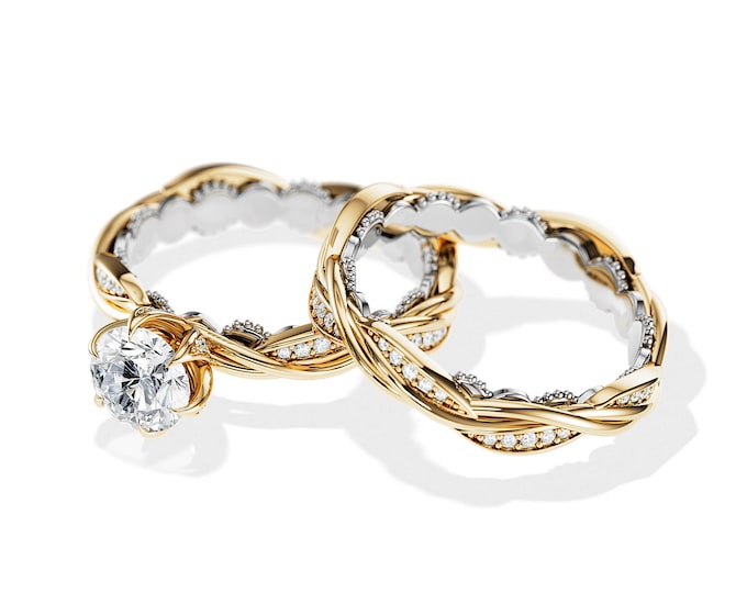 1 CT Natural Diamond Twisted Engagement Ring Set / Branch Nature Bridal Set / Two Two Wedding Ring Set / H-SI1 GIA Certified / Bridal Set