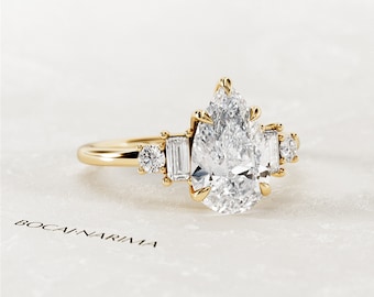 2 Carat Pear Cut Lab Grown Diamond 5 Stone Engagement Ring / Pear Shape & Baguette CVD Diamonds Five Stone Ring / Unique Yellow Gold Ring