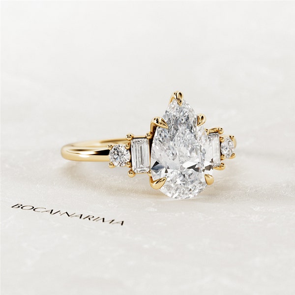 2 Carat Pear Cut Lab Grown Diamond 5 Stone Engagement Ring / Pear Shape & Baguette CVD Diamonds Five Stone Ring / Unique Yellow Gold Ring