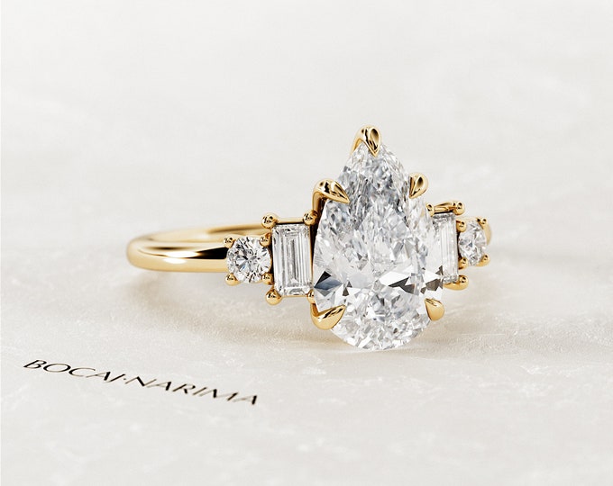 2 Carat Pear Cut Lab Grown Diamond 5 Stone Engagement Ring / Pear Shape & Baguette CVD Diamonds Five Stone Ring / Unique Yellow Gold Ring