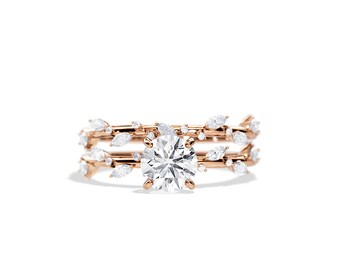 Twig Diamond Engagement Ring Set / 1 CT Round Lab Grown Diamond Nature Inspired Bridal Set / Nature Ring / Rose Gold / 0.45ct Diamonds