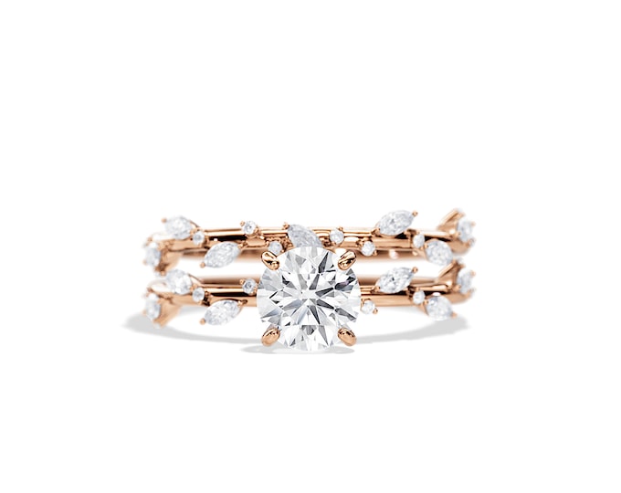 Twig Diamond Engagement Ring Set / 1 CT Round Lab Grown Diamond Nature Inspired Bridal Set / Nature Ring / Rose Gold / 0.45ct Diamonds