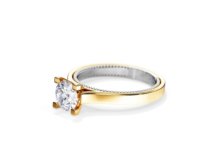 1 CT Natural Diamond Ring / High Set Cathedral Ring / Classic Diamond Engagement Ring / Two Tone Ring / White and Yellow Gold Diamond Ring