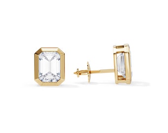 2 Carat Emerald Cut Diamond Bezel Set Stud Basket Earrings / 2 CT Lab Grown Diamond Screw Back Earrings / Art Deco Pair of Earrings 14k Gold