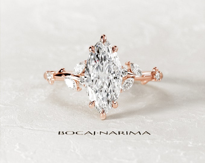 2ct Marquise Moissanite Twig Engagement Ring / Rose Gold Nature Inspired Branch Moissanite Ring / Twig Leaf Wedding Ring