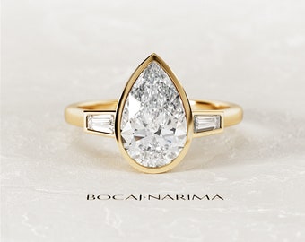 2 Carat Pear Shape Lab Grown Diamond Art Deco Engagement Ring / Tapered Baguette Side Stones / Three Stone Diamond Ring / Bezel Set Ring