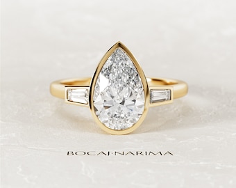 2 Carat Pear Shape Lab Grown Diamond Art Deco Engagement Ring / Tapered Baguette Side Stones / Three Stone Diamond Ring / Bezel Set Ring