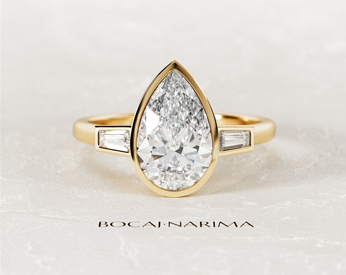 2 Carat Pear Shape Lab Grown Diamond Art Deco Engagement Ring / Tapered Baguette Side Stones / Three Stone Diamond Ring / Bezel Set Ring