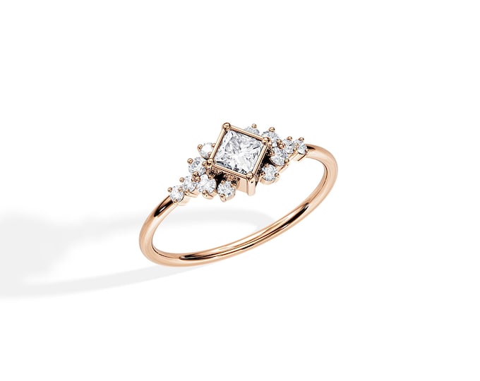 Art Deco Moissanite Ring / 0.5 Carat Princess Moissanite / Rose Gold Art Deco Engagement Ring / Cluster Engagement Ring / Unique Ring