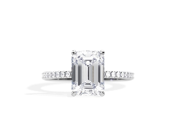 4 Carat Emerald Cut Lab Grown Diamond Engagement Ring / VVS2-F IGI Certified / White Gold Hidden Halo & Pave Ring / Emerald Cut CVD Diamond