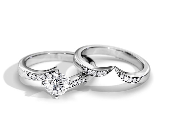 1 Carat Lab Grown Diamond Engagement Ring / Bypass Bridal Set / Round Diamond IGI Certified / Curved Wedding Band / White Gold Ring Set