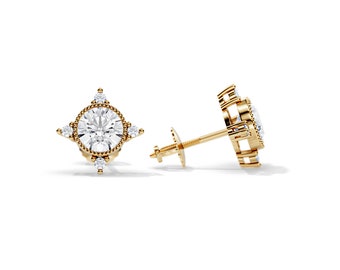 1 Carat Moissanite Bezel Set Pair of Earrings / Snowflake Stud Earrings 5MM Round Moissanite / 14K Gold Art Deco Screw Back Womens Earrings