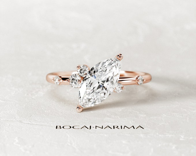 1 CT Marquise Moissanite Nature Inspired Engagement Ring / Rose Gold Organic Ring / Boho Colorless Moissanite Ring /  Unique Bridal Ring