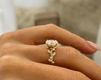 1.5 Carat Oval Lab Grown Diamond Nature Inspired Engagement Ring in 14k Yellow Gold / Twig Ring / Branch and Leaf Unique Diamond Ring