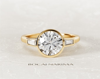 2 Carat E VVS2 Round Brilliant Lab Grown Diamond Bezel Set Engagement Ring / Art Deco Ring with Tapered Baguette 3 Stone / Three Stone Ring