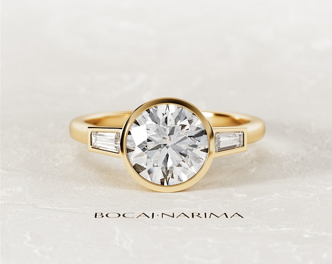 2 Carat E VVS2 Round Brilliant Lab Grown Diamond Bezel Set Engagement Ring / Art Deco Ring with Tapered Baguette 3 Stone / Three Stone Ring