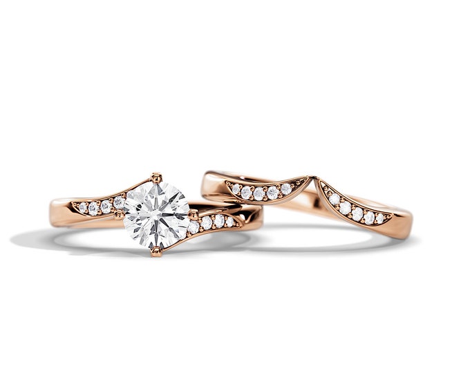 Bypass Bridal Ring / 1 Carat Moissanite Bypass Engagement Ring Set / Rose Gold Moissanite Ring Set / Unique Moissanite Ring / Round Shape