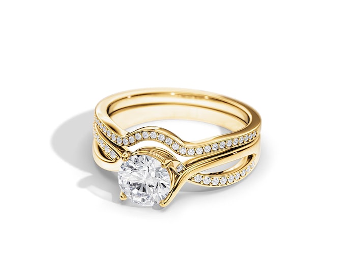 1 Carat Natural Diamond Split Shank Bridal Set / Unique Engagement Ring Set / 14K or 18K Gold / Round Diamond / GIA Certified / Twisted Ring