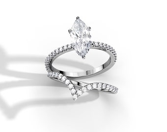 1.5 Carat Marquise Cut Lab Grown Diamond Engagement Ring Set / Marquise Diamond Bridal Set / White Gold / Hidden Halo & Pave Engagement Ring