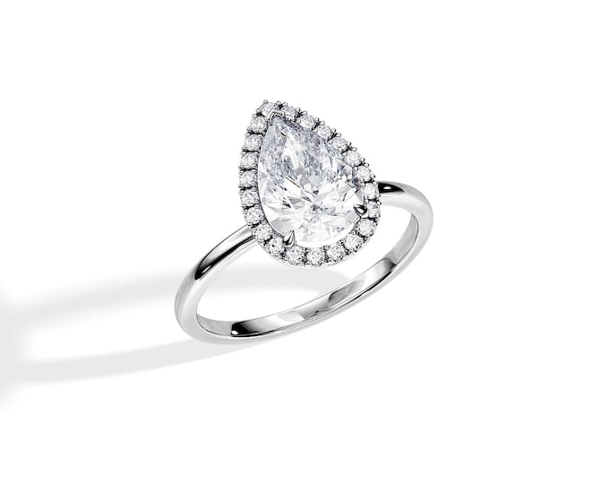 2 Carat Pear Moissanite Ring / Pear Shape Moissanite / Halo Engagement Ring / White Gold Tear Shape Ring / 2 CT Moissanite Engagement Ring