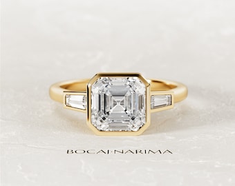 2 Carat Asscher Cut Lab Grown Diamond Art Deco Engagement Ring / Yellow Gold Unique Bezel Set Three Stone Ring / 2CT Asscher Diamond Ring