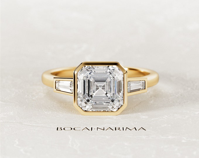 2 Carat Asscher Cut Lab Grown Diamond Art Deco Engagement Ring / Yellow Gold Unique Bezel Set Three Stone Ring / 2CT Asscher Diamond Ring