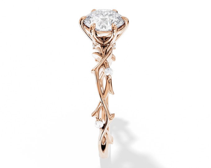 Twig Engagement Ring / 1 CT Moissanite Ring / Twig and Leaf / 14k Rose Gold / Rose Gold Twig Ring / Branch Ring / Nature Moissanite Ring