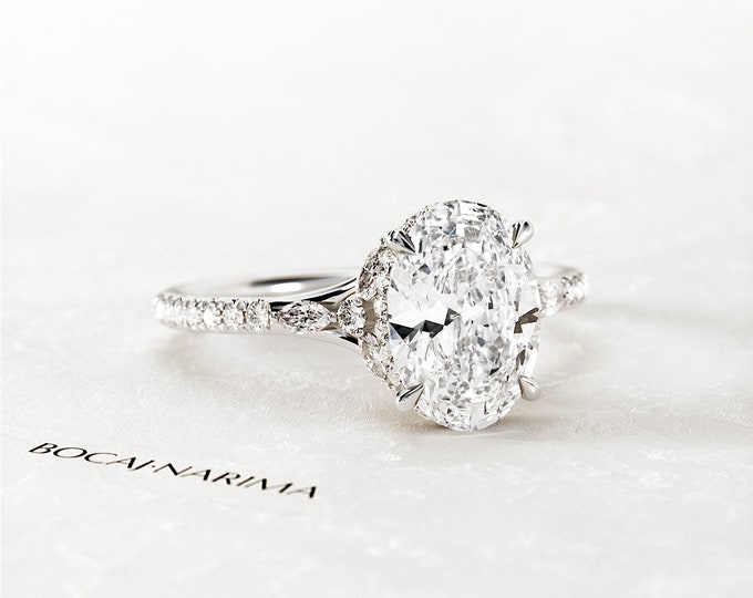 2 Carat Oval Moissanite Nature Inspired Engagement Ring / Hidden Halo Oval Colorless Moissanite White Gold Ring / Unique Anniversary Ring