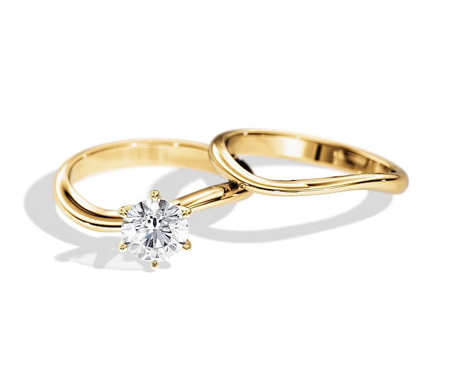 1 Carat Round Brilliant Natural Diamond Solitaire Ring Set / Diamond Swirl Bridal Set / Yellow Gold Engagement Ring / Solitaire Bridal Sets