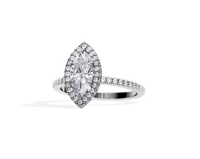 Marquise Diamond Engagement Ring / 1 Carat Marquise Natural Diamond Ring / Double Edge Halo & Pave / GIA Diamond / 14K or 18K White Gold