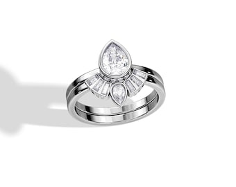1 Carat Pear Cut Natural Diamond Engagement Ring Set / GIA Certified / White Gold Art Deco Bridal Set / Bezel Set Crown Ring Set / Womens