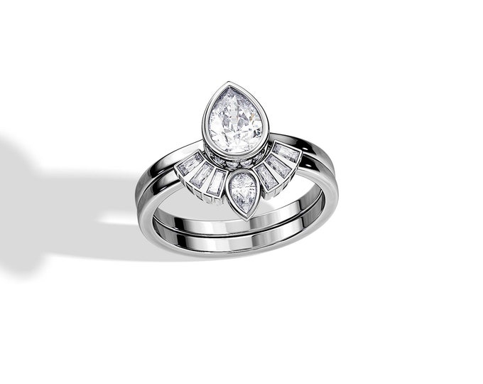 1 Carat Pear Cut Natural Diamond Engagement Ring Set / GIA Certified / White Gold Art Deco Bridal Set / Bezel Set Crown Ring Set / Womens
