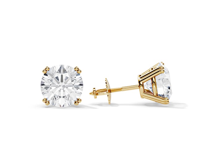 4 Carat Moissanite Stud Earrings Yellow Gold / Basket Stud Earrings / Double Prong / Round Colorless Moissanite / 4 CT Screw Back Earrings