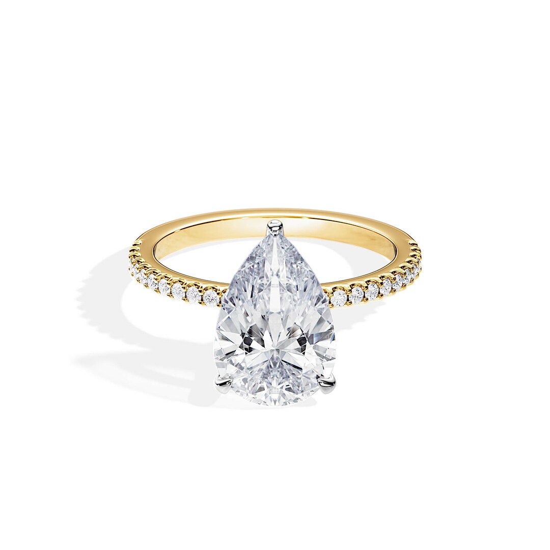 3 Carat Pear Cut Lab Grown Diamond Ring / Pear Shaped Hidden Halo Ring