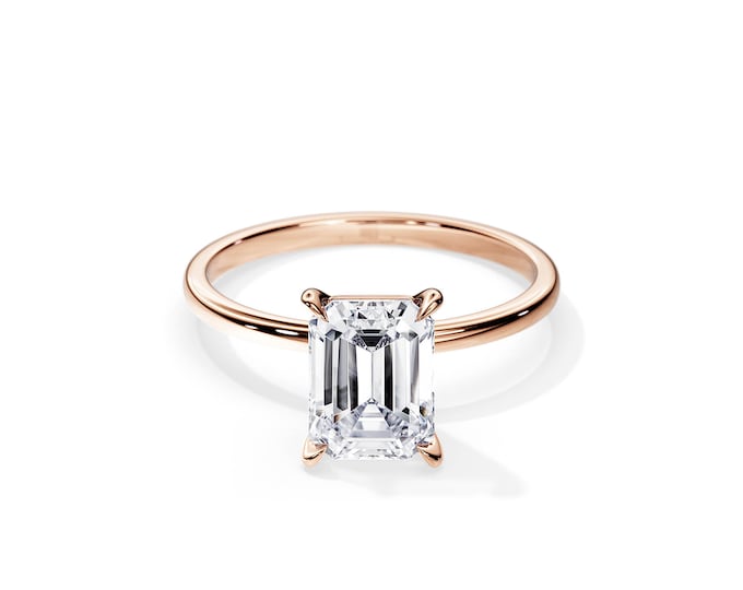 3 Carat Emerald Cut Moissanite Engagement Ring / Moissanite Thin Engagement Ring / 14K Rose Gold Minimal Engagement Ring / Emerald Cut Ring