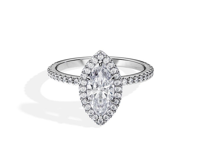 Marquise Engagement Ring / 1 Carat Marquise Lab Grown Diamond Ring / Double Edge Halo & Pave / 14K or 18K White Gold / 1.7 TCW / Bridal Ring