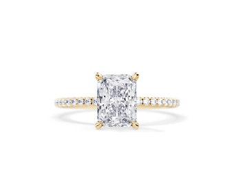 2 Carat Radiant Moissanite Engagement Ring / Radiant Cut Halo Ring / Yellow Gold / Hidden Halo & Pave / Dainty Ring / Minimal Wedding Ring