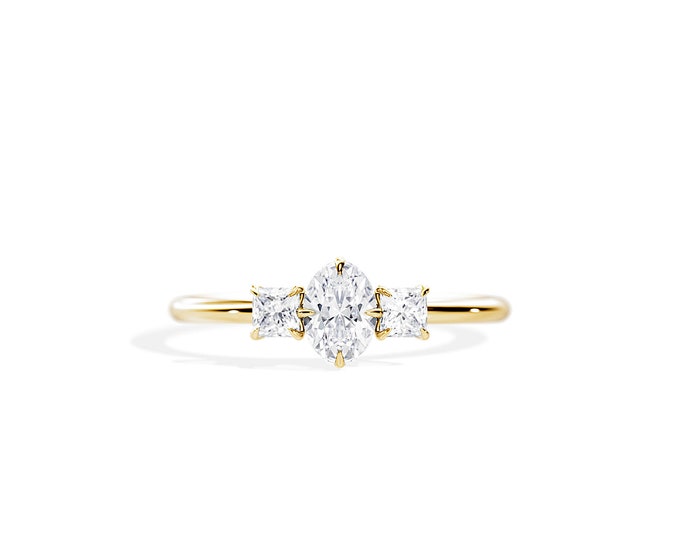 0.75 TCW Oval Moissanite Engagement Ring / 14K Yellow Gold Thin Engagement Ring / Dainty Engagement Ring / Minimalist Engagement Ring