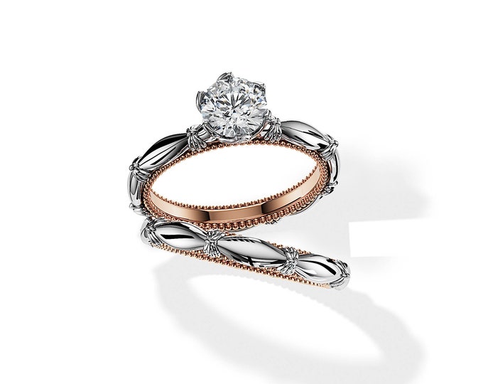 Two Tone Diamond Bridal Set / 1 CT Natural Diamond Vintage Engagement Ring Set / Unique Diamond Rings Set / Two Tone Engagement Ring / GIA