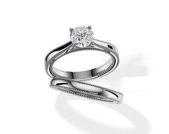 1 CT Natural GIA Diamond Vintage Solitaire Ring Set / Cathedral Bridal Set / Milgrains Vintage Bridal Set / White Gold Wedding Rings / SI1-H