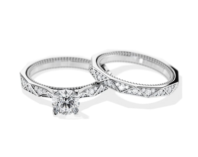 1 Carat GIA Diamond Engagement Ring Set / Natural Diamond / Pyramid Wedding Band / Diamond Bridal Set / 1 CT Round Diamond / Wedding Rings