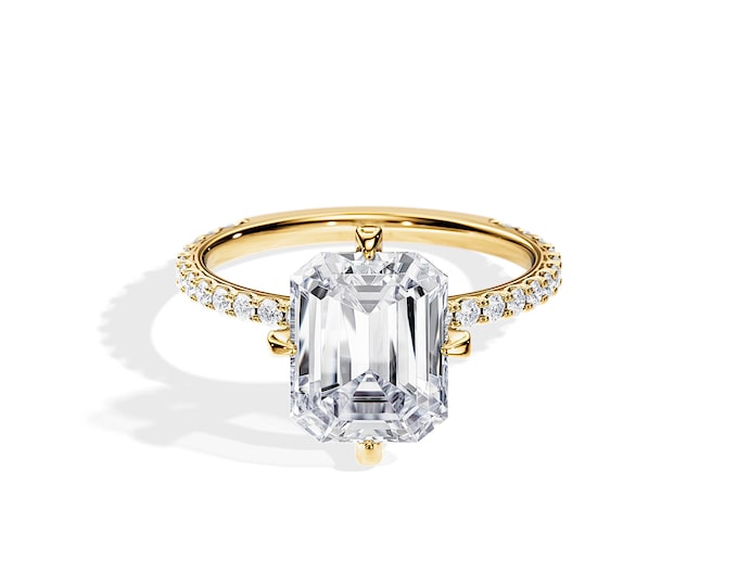 4 Carat Emerald Cut Moissanite Ring / 3 Carat Moissanite Ring / 14k Yellow Gold / 4 Carat Moissanite / Art Deco Ring / Invisible Gallery