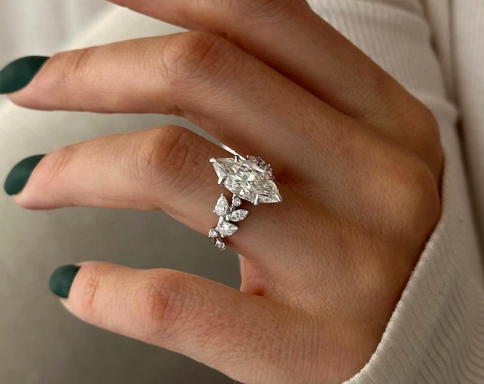 3 Carat Marquise E VVS2 Lab Grown Diamond Nature Inspired Twig Ring / Leaf Engagement Ring / 14k White Gold Branch Diamond Engagement Ring