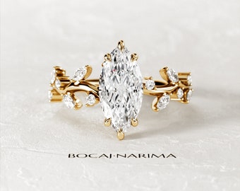 2 Carat Marquise Cut Moissanite Nature Inspired Engagement Ring / Twig Moissanite Ring / 14K  Gold Leaf and Branch Wedding Ring / Unique