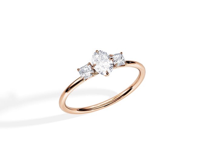 0.75 TCW Oval Lab Grown Diamond Ring / Oval and Princess Three Stone Ring / 14K Rose Gold Lab Created Engagement Ring / Thin Engagement Ring