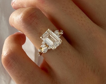 2 Carat Emerald Cut Lab Grown Diamond Twig Engagement Ring / 14k yellow gold Branch Ring / Leaf Design Diamond Ring / VVS2 F Lab CVD Diamond