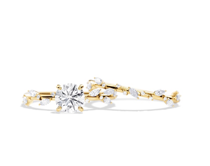 Twig Engagement Ring Set / 1 CT Moissanite Nature Inspired Engagement Ring / Nature Bridal Set / Yellow Gold Branch Rings / 0.45ct diamonds