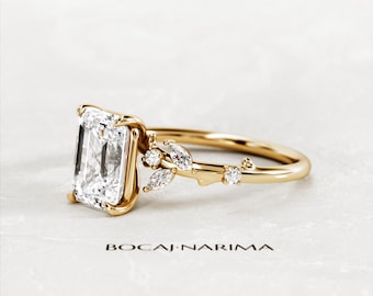 1.5 Carat Emerald Cut Colorless Moissanite Nature Inspired Engagement Ring / Yellow Gold Twig Ring / Twig and Leaf Branch Emerald Ring